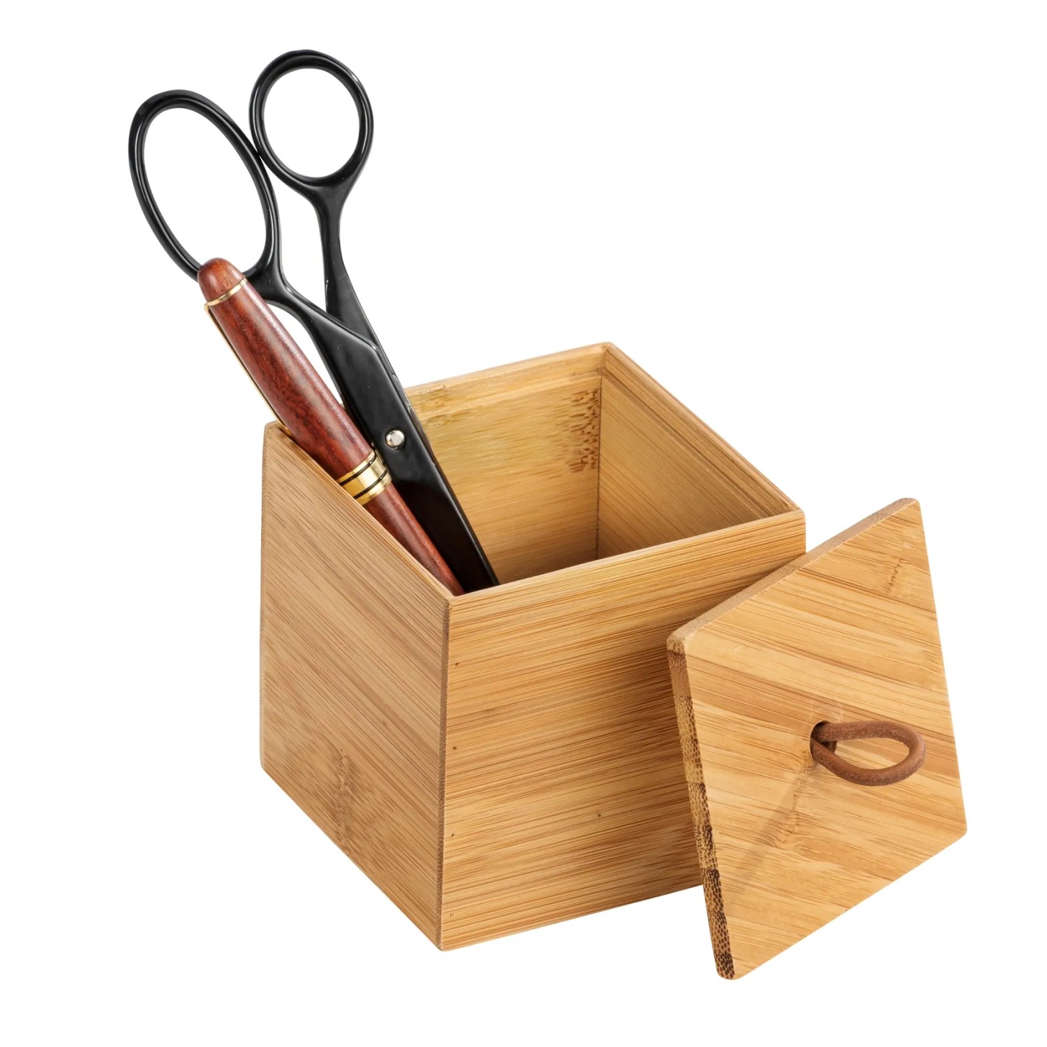 Wenko Bambus Box Terra S mit Deckel, gefüllt mit Stift und Schere.