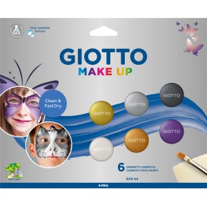 Giotto Kinderschminke mit 6 Metallic-Farben, Pinsel und Schwamm für Karneval und mehr.