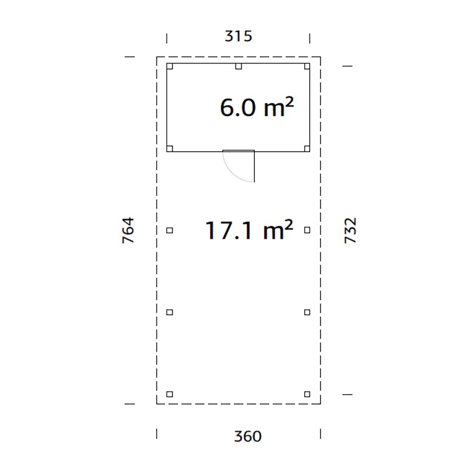 Grundriss Palmako Carport Karl mit Geräteraum, Maße 315x732 cm, Flächenangaben.