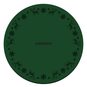 Grüne Krinner Weihnachtsbaum-Unterlegdecke (Ø 60 cm) mit Hirsch- und Schneeflockenmuster.