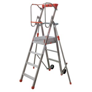 Facal Platea Podesttreppe S300 mit 4 Stufen aus Aluminium, mit Ablageschale und Rollen.