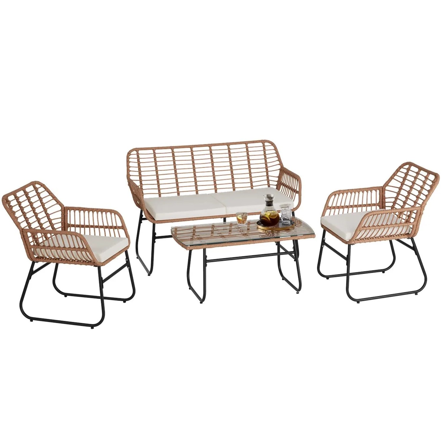Tectake Rattan Sitzgruppe Molfetta xl Für 4 Personen Wasserabweisende  Abnehmbare Polyesterbezüge  68 x 119 x 79 cm Natur