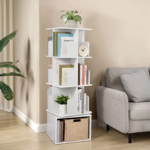 Drehbares, weißes Vasagle Bücherregal mit 4 Ebenen und Ablagefach im Wohnzimmer.