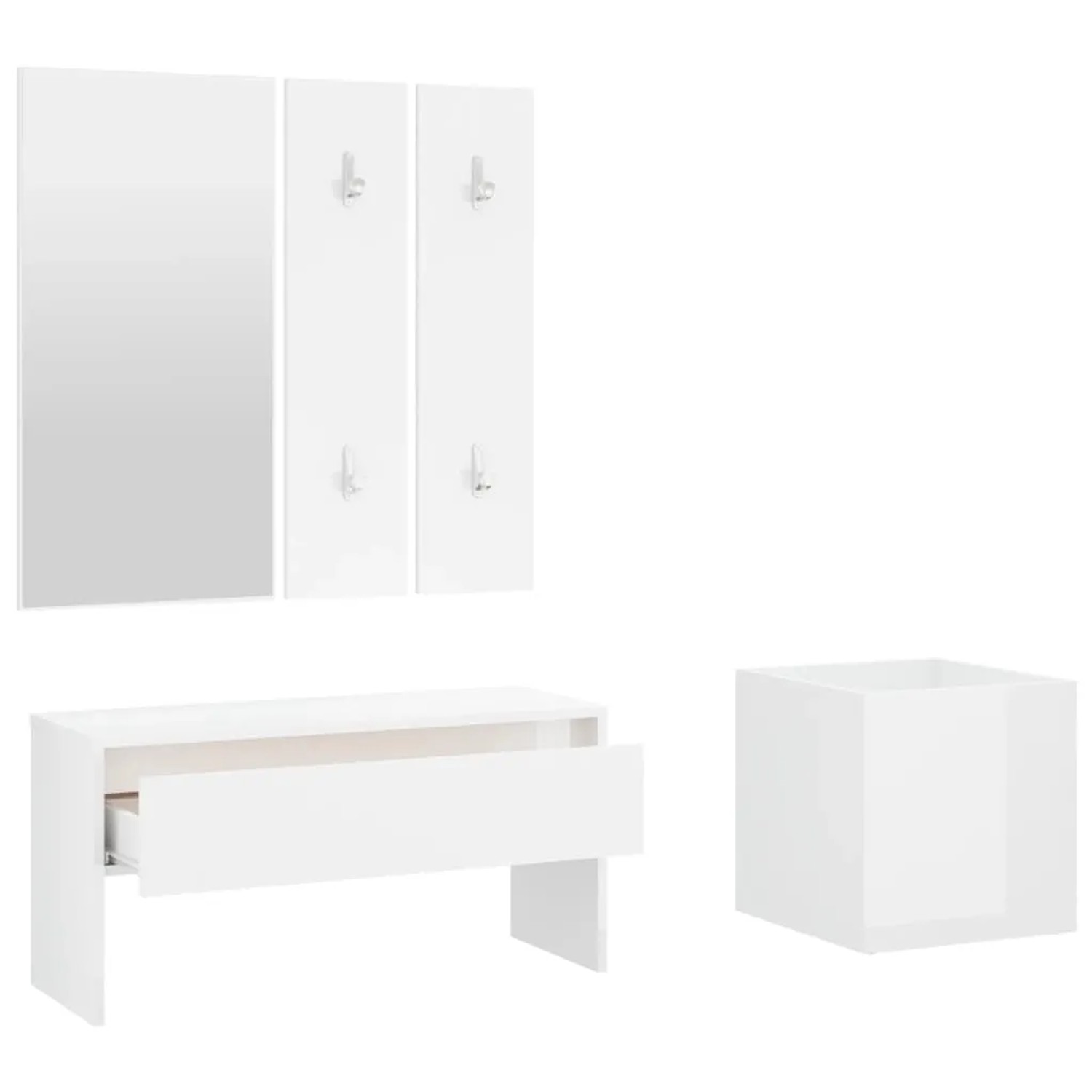 vidaXL Flurmöbel-Set, Hochglanz-Weiß, mit Bank, Spiegel, Garderobe und Pflanzgefäß.