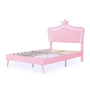 Rosa okwish Polsterbett 140x200 mit LED-Leuchten und Lattenrost, ohne Matratze.