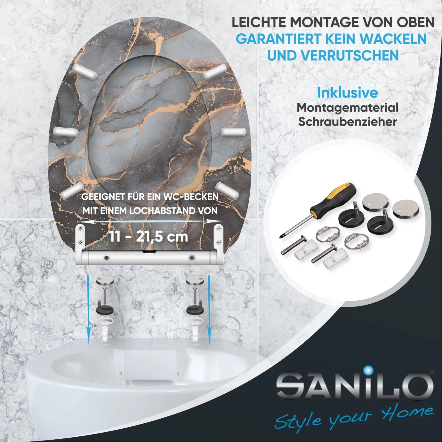 Sanilo WC-Sitz Marmor Abstrakt mit Absenkautomatik, Montage und WC-Becken