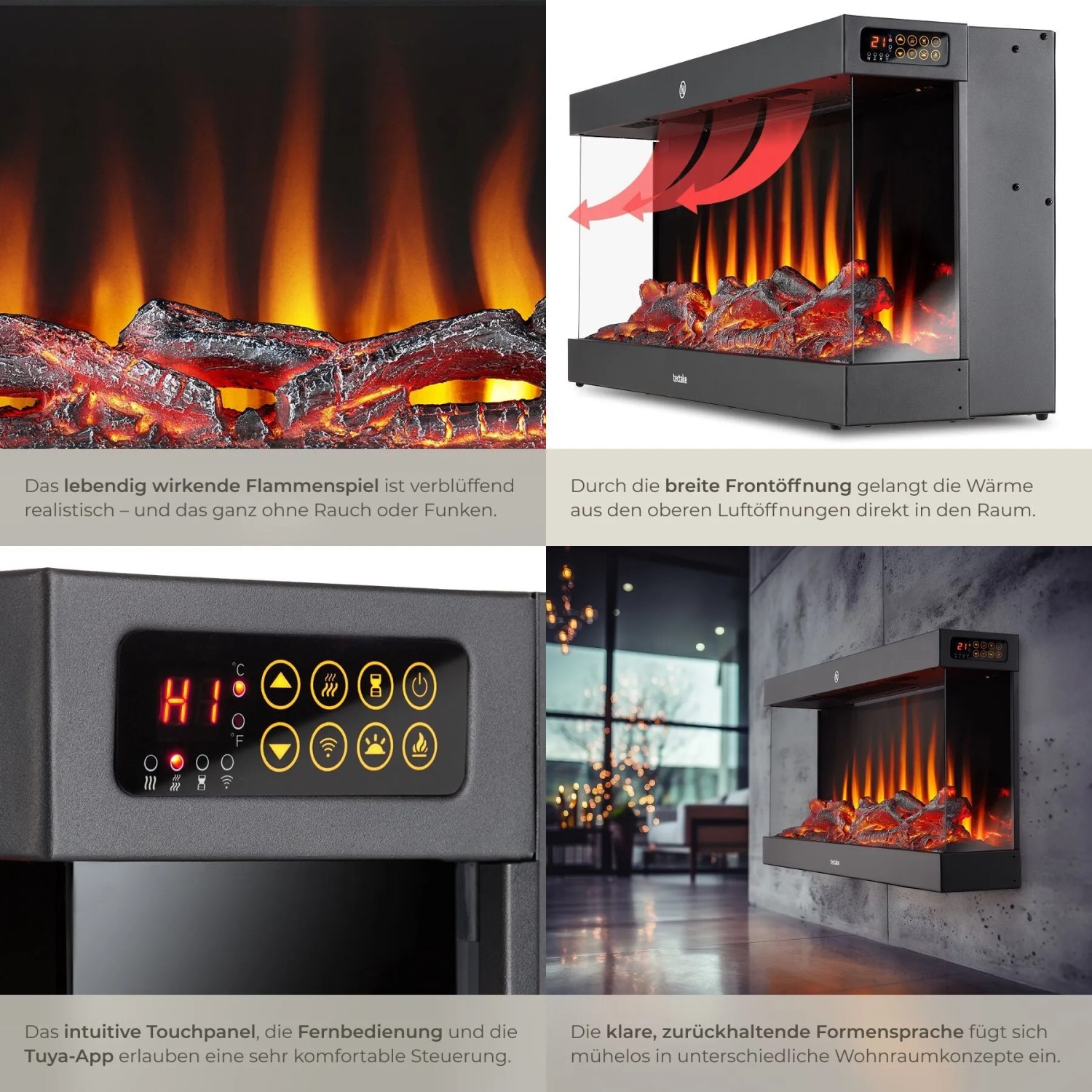 Schwarzer Tectake Elektro Wandkamin Luciano mit 3D Flammeneffekt, Holz-Glutimitation und Heizfunktion. Modernes Design.