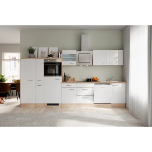 Moderne Flex-Well Küchenzeile Valero, 360 cm, Hochglanz Weiß mit Sonoma Eiche Arbeitsplatte und E-Geräten.