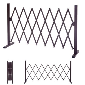 Dunkelbraunes, stufenlos ausziehbares Absperrgitter aus pulverbeschichtetem Aluminium. Flexibler Zaun für Innen- & Außenbereiche.
