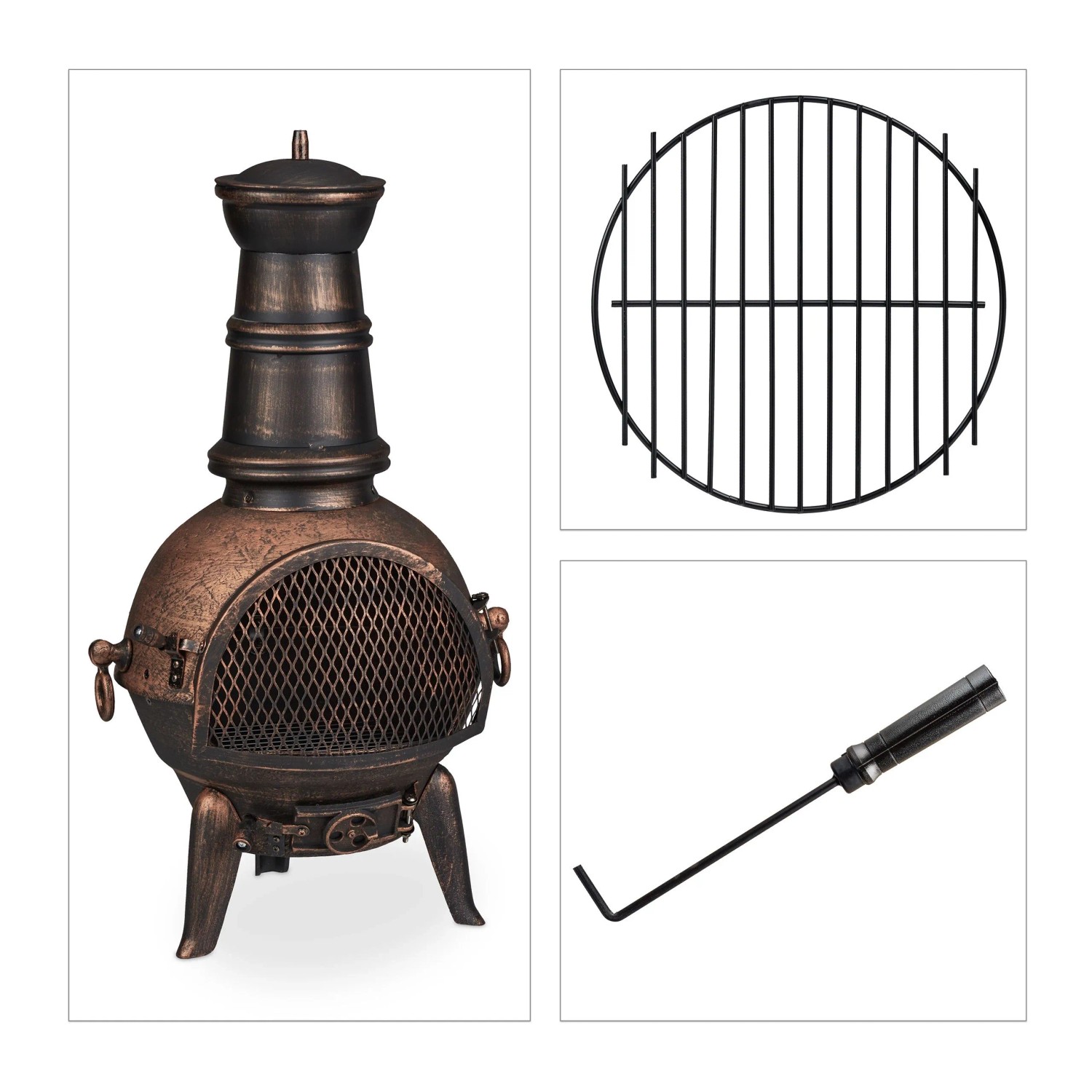 Relaxdays Terrassenofen Gusseisen Stahl Bronze Schwarz mit Funkenschutz und Luftventil 86 cm x 46 cm x 38 cm 14,4 kg