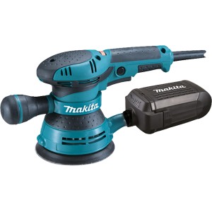 Makita Exzenterschleifer BO5041J (125 mm) in Türkis und Schwarz mit Staubbeutel.