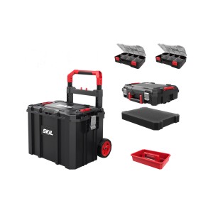 Skil Trolley-Set, 4-teilig: Werkzeugkoffer mit Rollen, 2 Sortimentkästen und Zubehör.