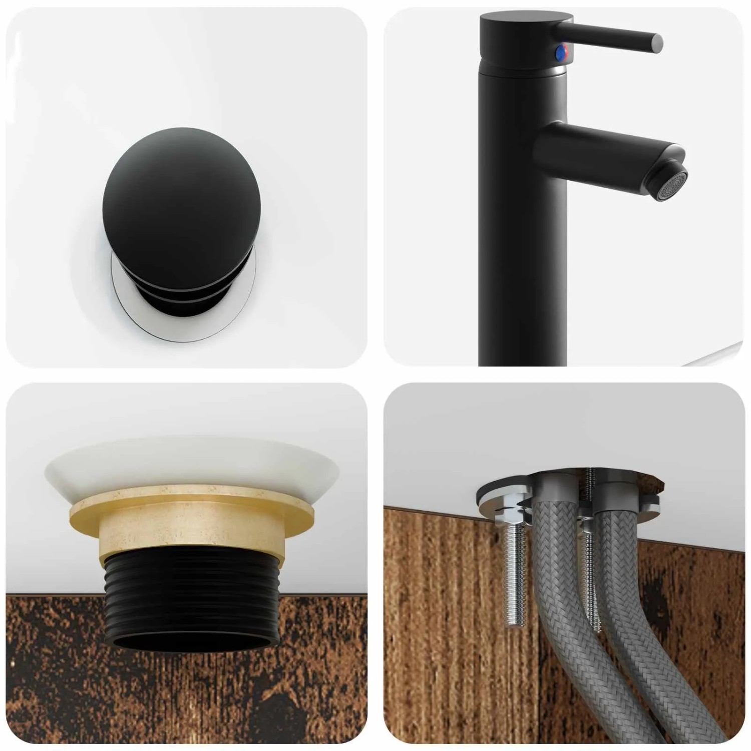 Schwarze Armatur und Ablaufgarnitur für vidaXL Badmöbel-Set. Details von Wasserhahn, Abfluss und Installation.