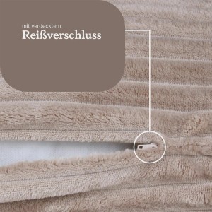 Detailaufnahme: Bestlivings Dekokissen in Hellbraun mit Kordoptik und Reißverschluss.