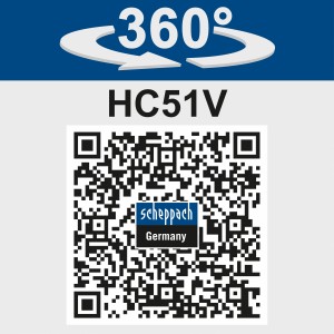 360° Ansicht des Scheppach Kompressor HC51V mit QR-Code.