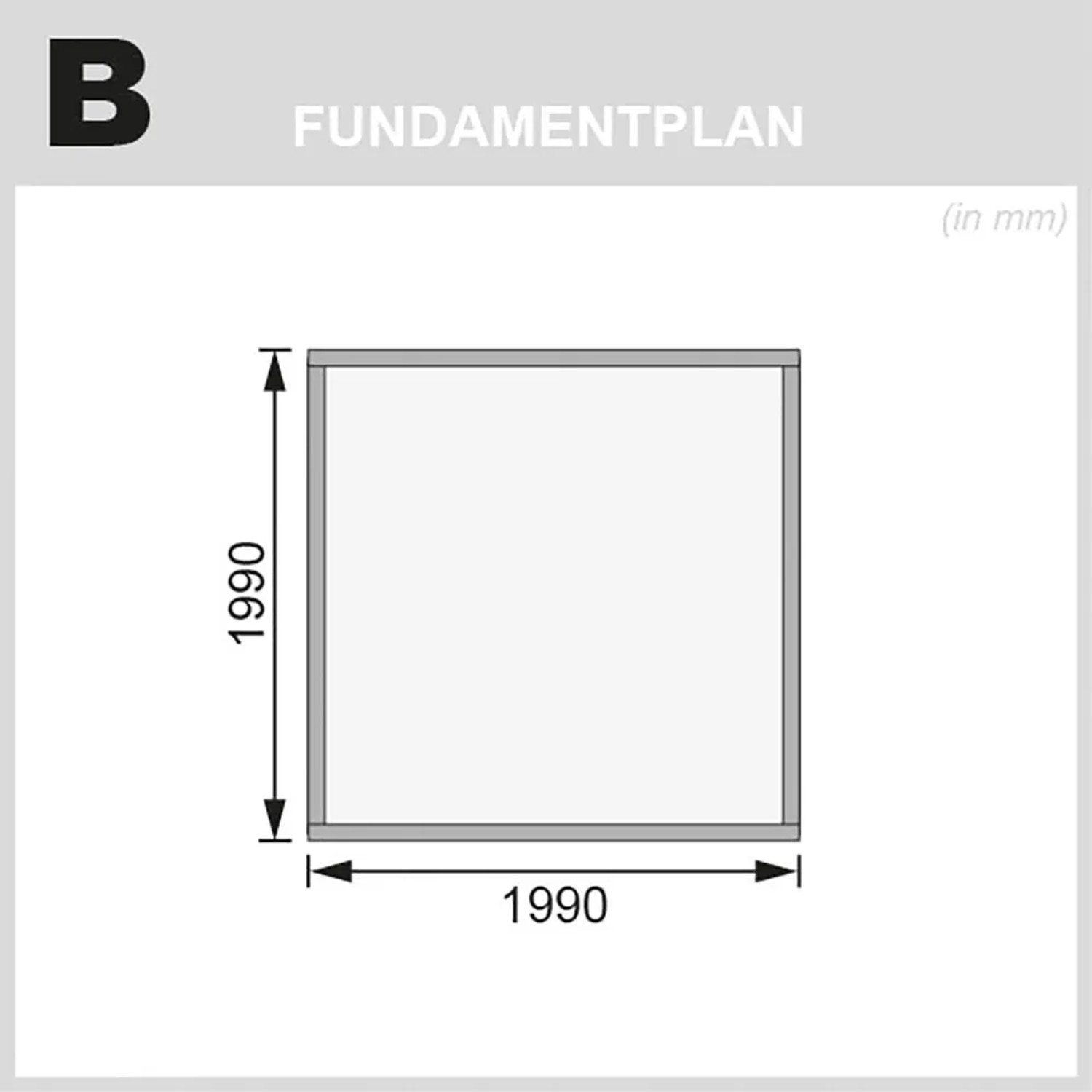 Fundamentplan für Karibu Holz-Gartenhaus Kumla 1, 200x200 cm. Maße: 1990x1990 mm.
