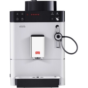 Melitta Caffeo Passione Kaffeevollautomat in Silber, schmale Bauweise mit Milchaufschäumer.