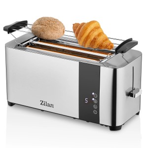 Zilan Edelstahl Toaster mit Brötchenaufsatz und Brot/Croissant auf dem Aufsatz.