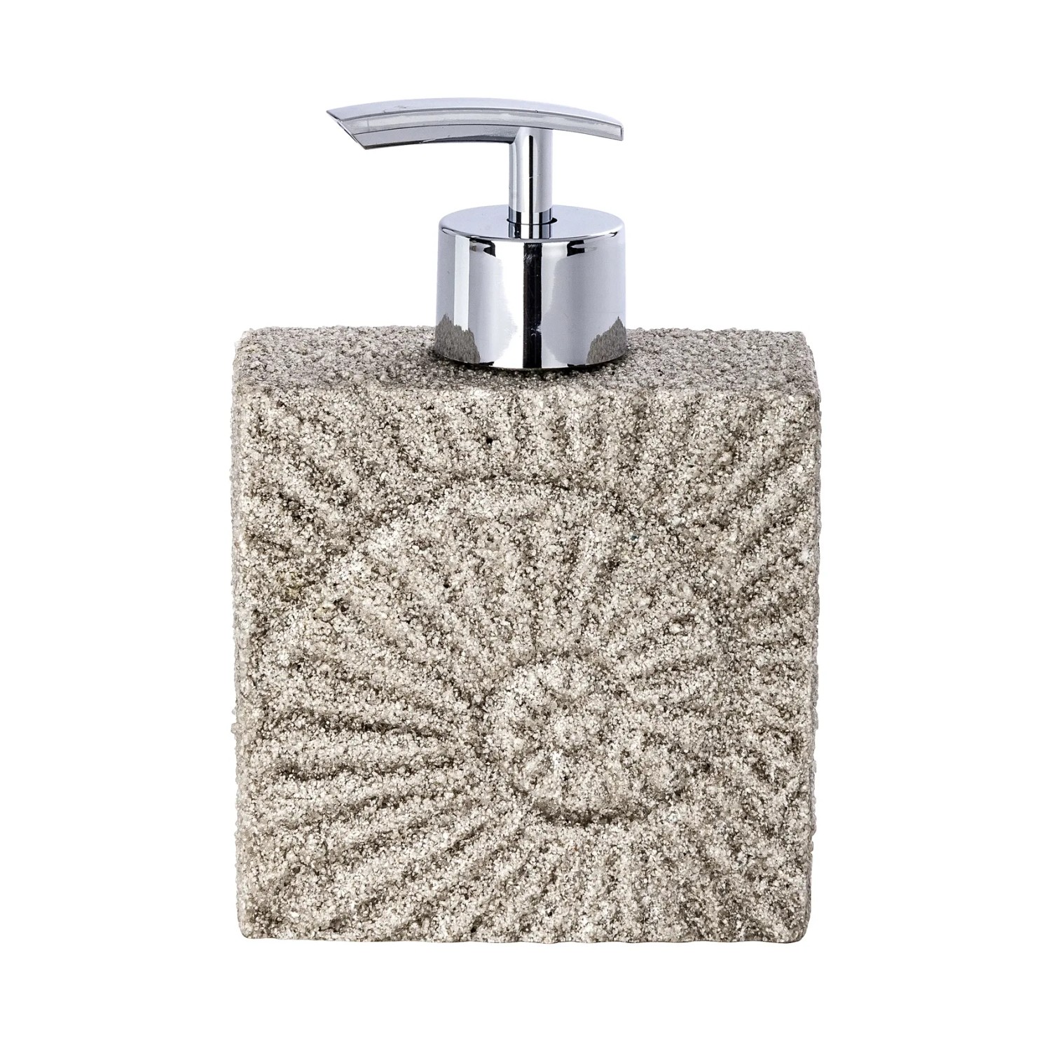 Beiger Wenko Seifenspender Fossil aus Polyresin mit Fossilienmuster und Chrom-Pumpe.