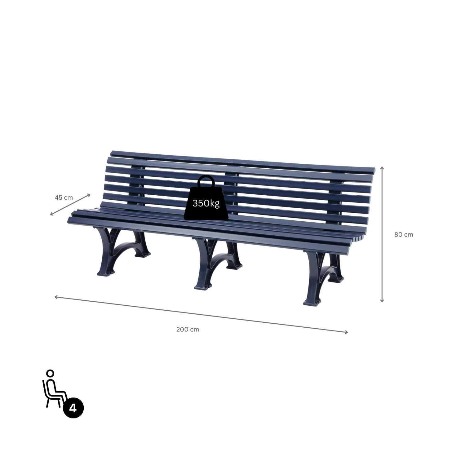 Blaue 4-Sitzer Gartenbank Jamaika aus witterungsbeständigem Kunststoff, 200 cm breit.