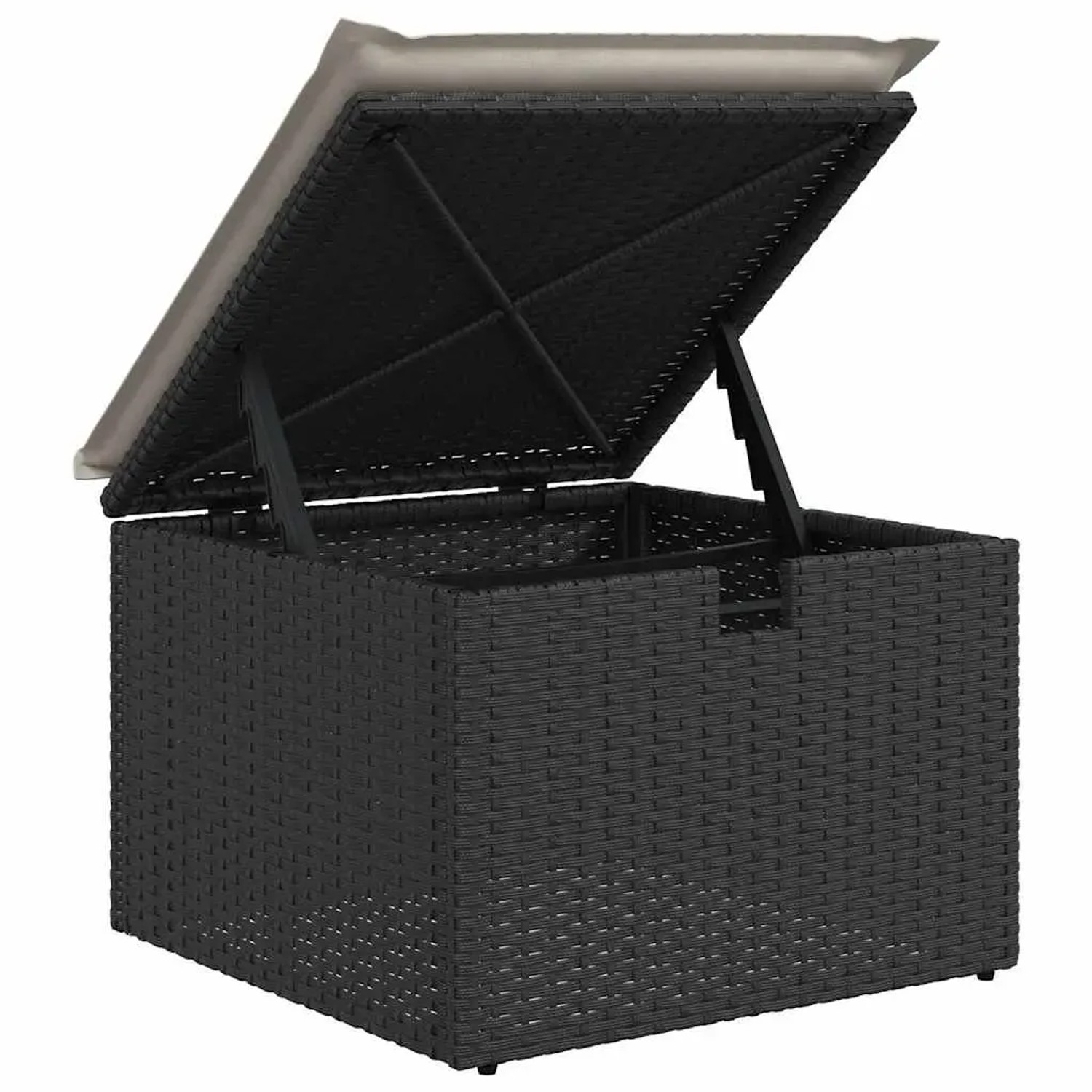 Schwarzer Poly Rattan Garten-Fußhocker mit Stauraum und geöffnetem Deckel. Teil der vidaXL Garten-Sofagarnitur.