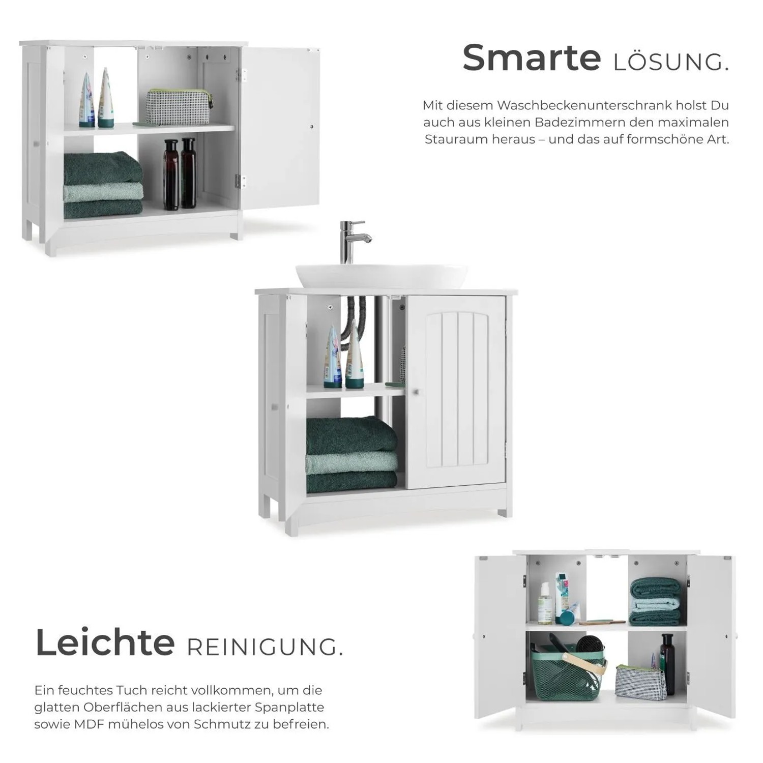 Tectake Waschbeckenunterschrank Jasper 2 Geräumige Fächer Spanplatte und Mdf Platte  30 x 62 x 60 cm Weiß_4