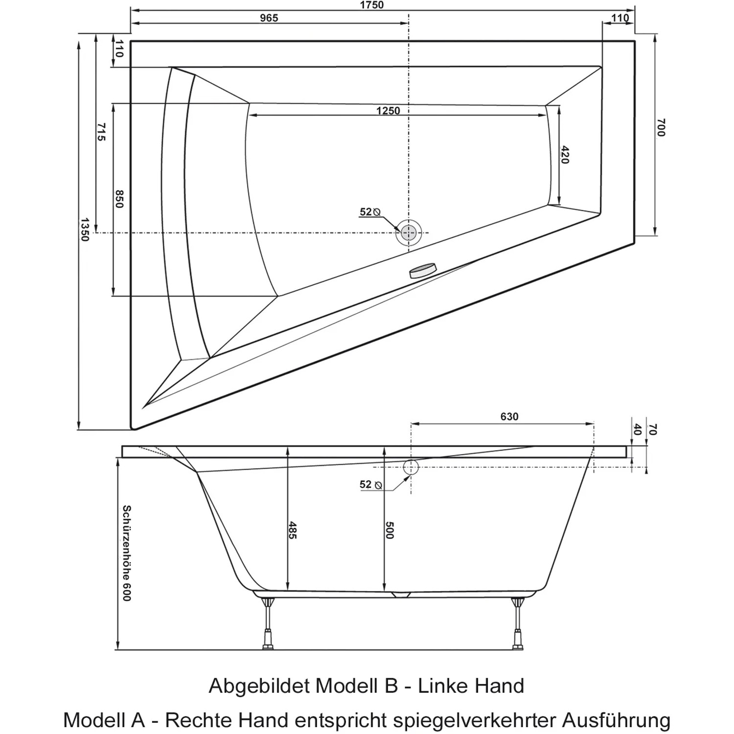 Technische Zeichnung Eckbadewanne Galia II links, 175x135x70cm mit Maßen.