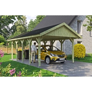 Satteldach-Carport Wallgau mit schwarzen Schindeln und Auto auf gepflasterter Einfahrt.