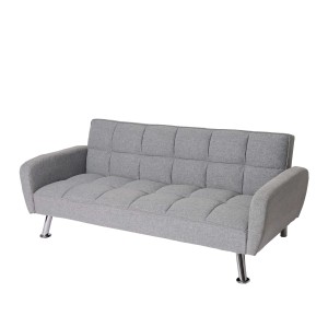 Helles, graues MCW Sofa K19 aus Stoff/Textil mit Schlaffunktion und Chromfüßen.
