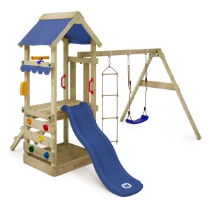 Wickey Spielturm FreshFlyer mit blauer Rutsche, Schaukel und Kletterwand für Garten & Outdoor.