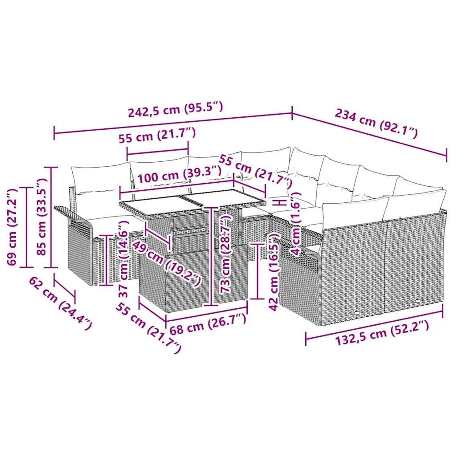 Graues 9-teiliges vidaXL Garten-Sofa-Set aus Polyrattan mit Maßen.