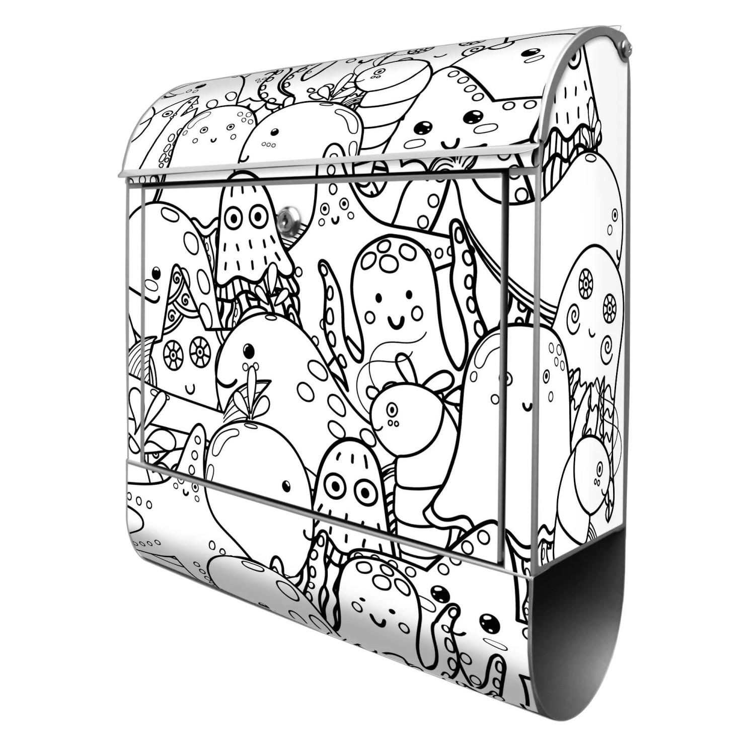 Banjado Design Briefkasten Silber Pulverbeschichtet 39x47x14cm 2 Schlüssel Mit Zeitungsfach Motiv Wassermonsterchen 2