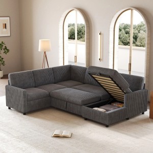 Graues U-Sofa aus Cord mit offenem Stauraum, Chaiselongue und Schlafsofa-Funktion.