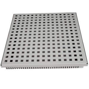 Quadratischer Terrassenrost aus Magnelis Stahl, RAL9006, 400x400mm, mit quadratischen Löchern für Entwässerung.