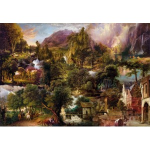 Komar Vlies Fototapete Heritage: Landschaft mit Bergen, Wald und Gebäuden.