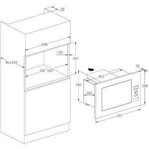 Skizze der PKM Einbau-Mikrowelle MW900-23G-IN mit Maßangaben für den Einbau.