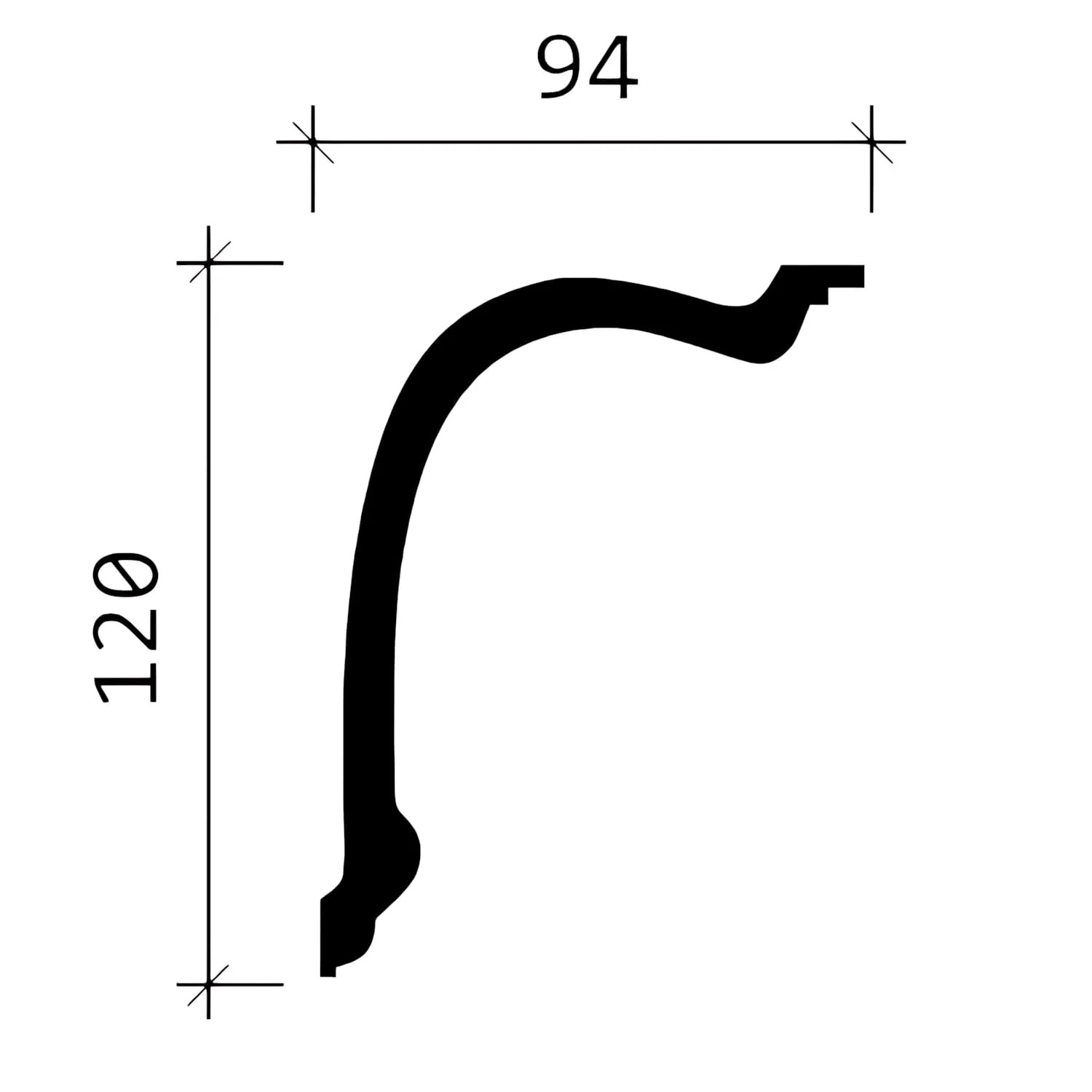 Abbildung einer weißen PROFHOME Eckleiste (120x94mm) aus Polyurethan, 8 Stück im Set.