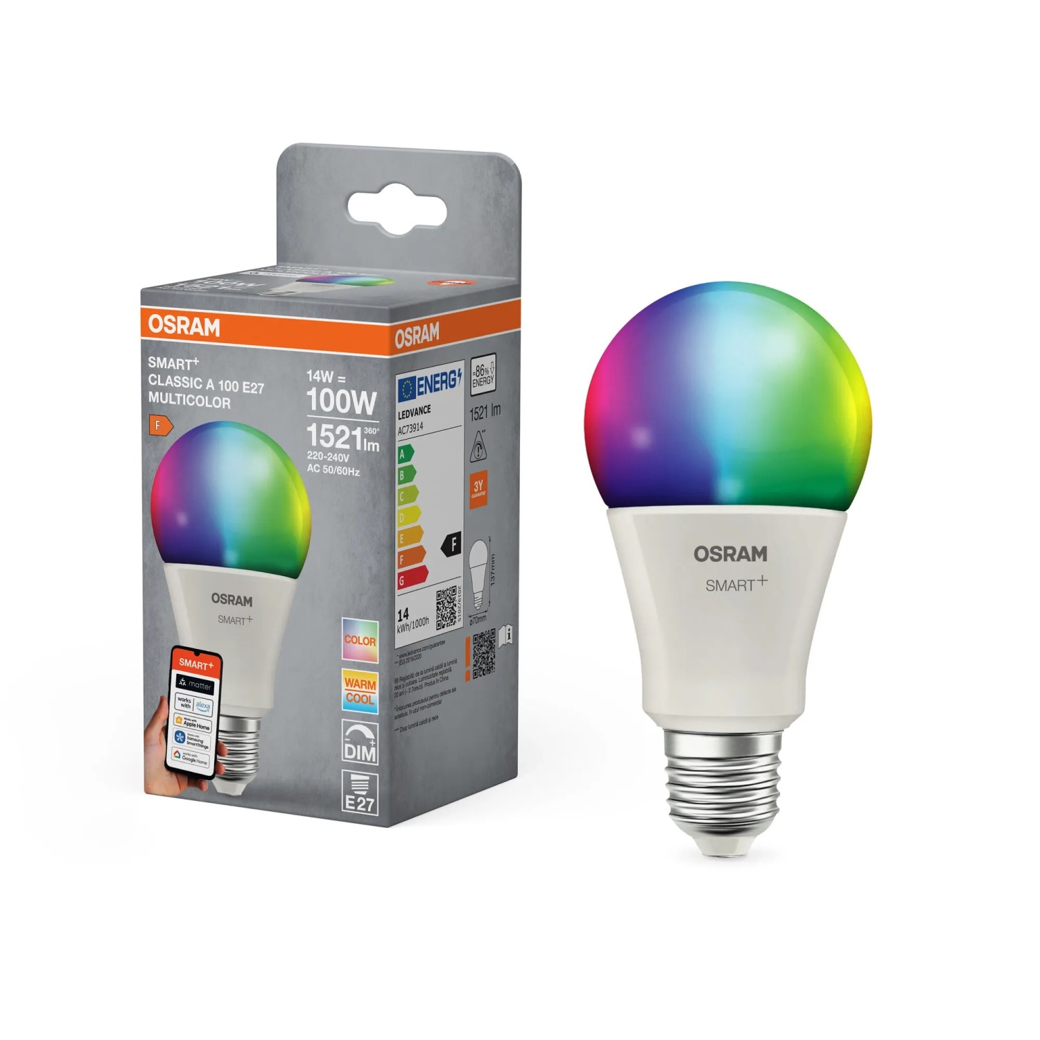 Osram Matter Leuchtmittel E27 Glühlampenform A100 RGBW 14 W 1.521,m 13,7 x 7 cm