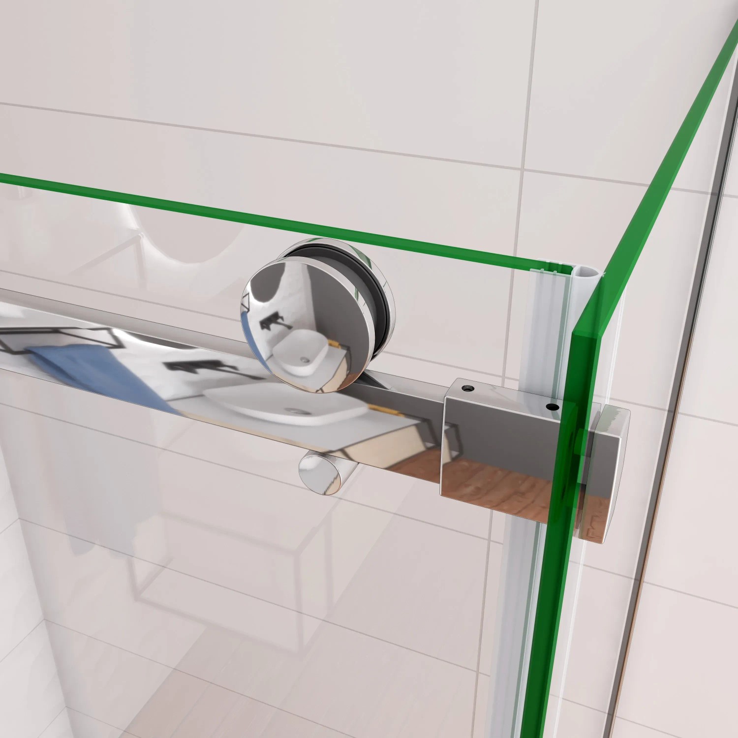 Detailaufnahme: AICA Duschkabine mit Schiebetür, 8mm ESG-Glas und Chromrahmen. Duschabtrennung mit Rollensystem.