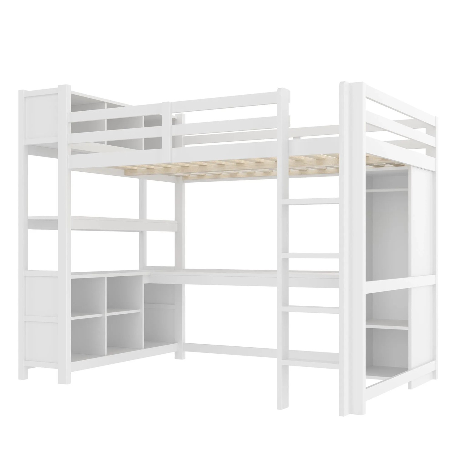 okwish Hochbett 140x200cm mit Schrank und Ablagefächern Weiß ohne Matratze
