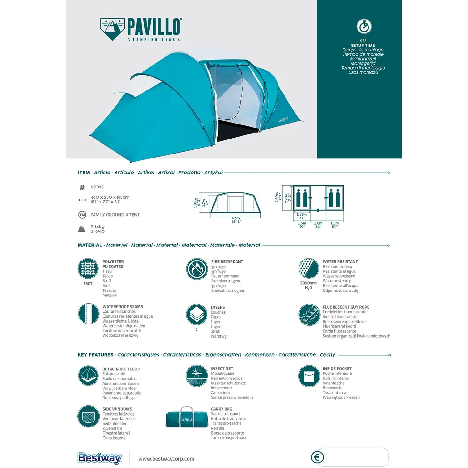 Blaues Pavillo Family Ground 4 Zelt für 4 Personen, Camping & Outdoor.
