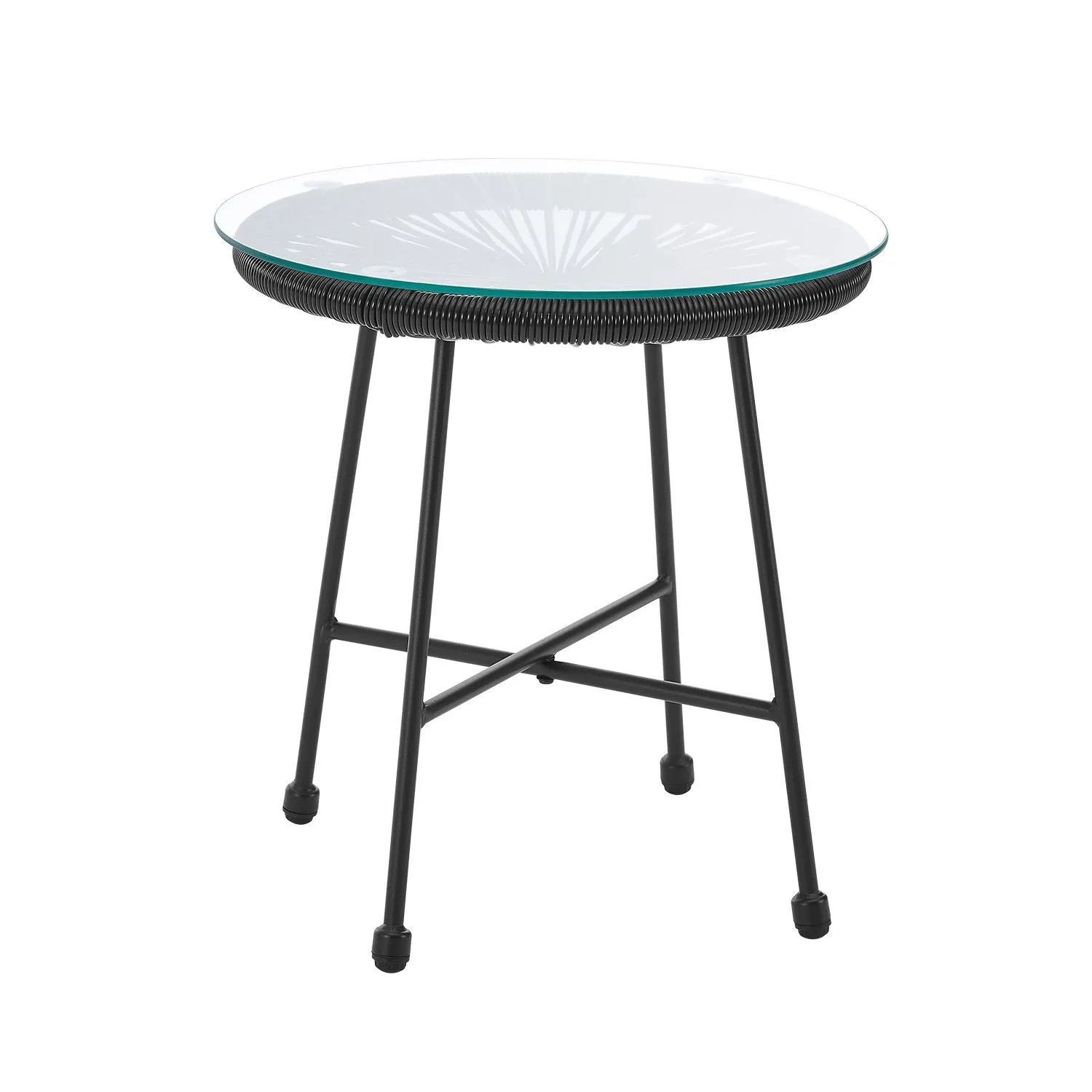 Schwarzer Balkontisch aus Polyrattan mit Glasplatte, Teil des Juskys Ostana 3-tlg. Gartenmöbel Sets.