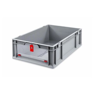 Graue Eurobox mit transparentem Deckel und roten Verschlüssen, 34 Liter. Ideal zur Aufbewahrung und Transport.