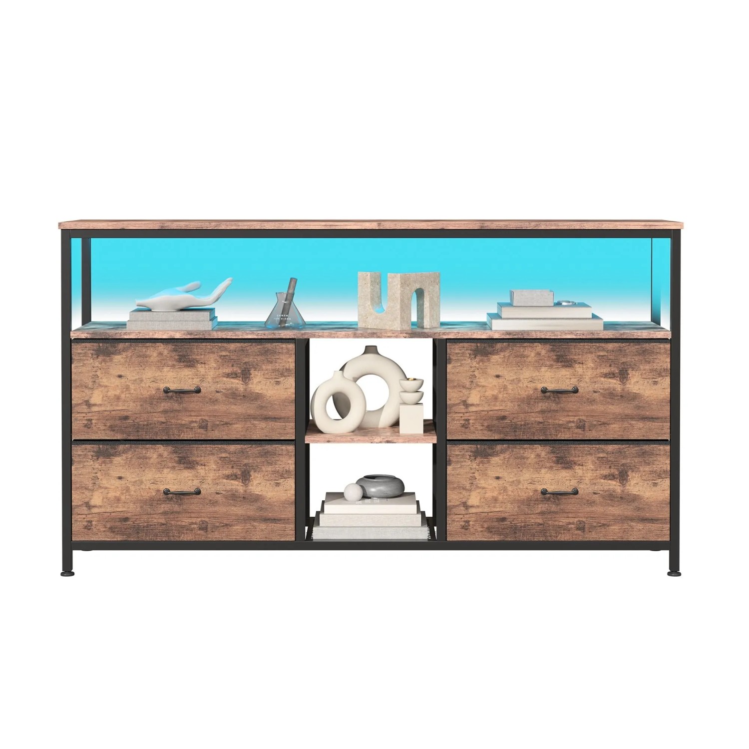 PXloue TV Lowboard TV-Schrank 108x30x77cm mit 4 Stoffschublade Verstellbaren LED Braun