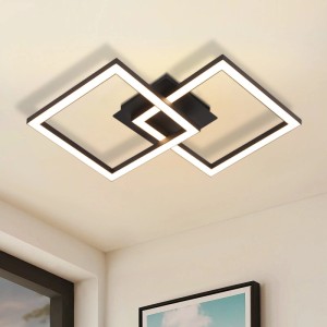 Moderne schwarze LED Deckenlampe mit zwei eckigen Lichtelementen. Warmweißes Licht für Wohnzimmer, Schlafzimmer.