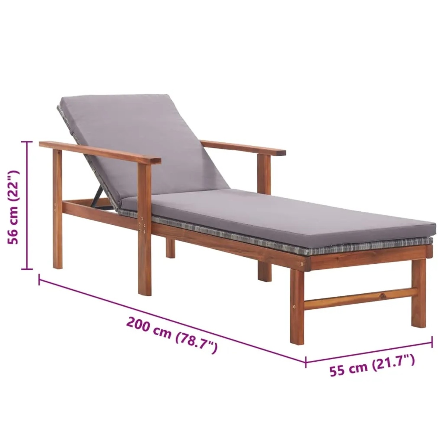 Graue Sonnenliege aus Rattan und Akazienholz mit Auflage für Garten oder Terrasse.