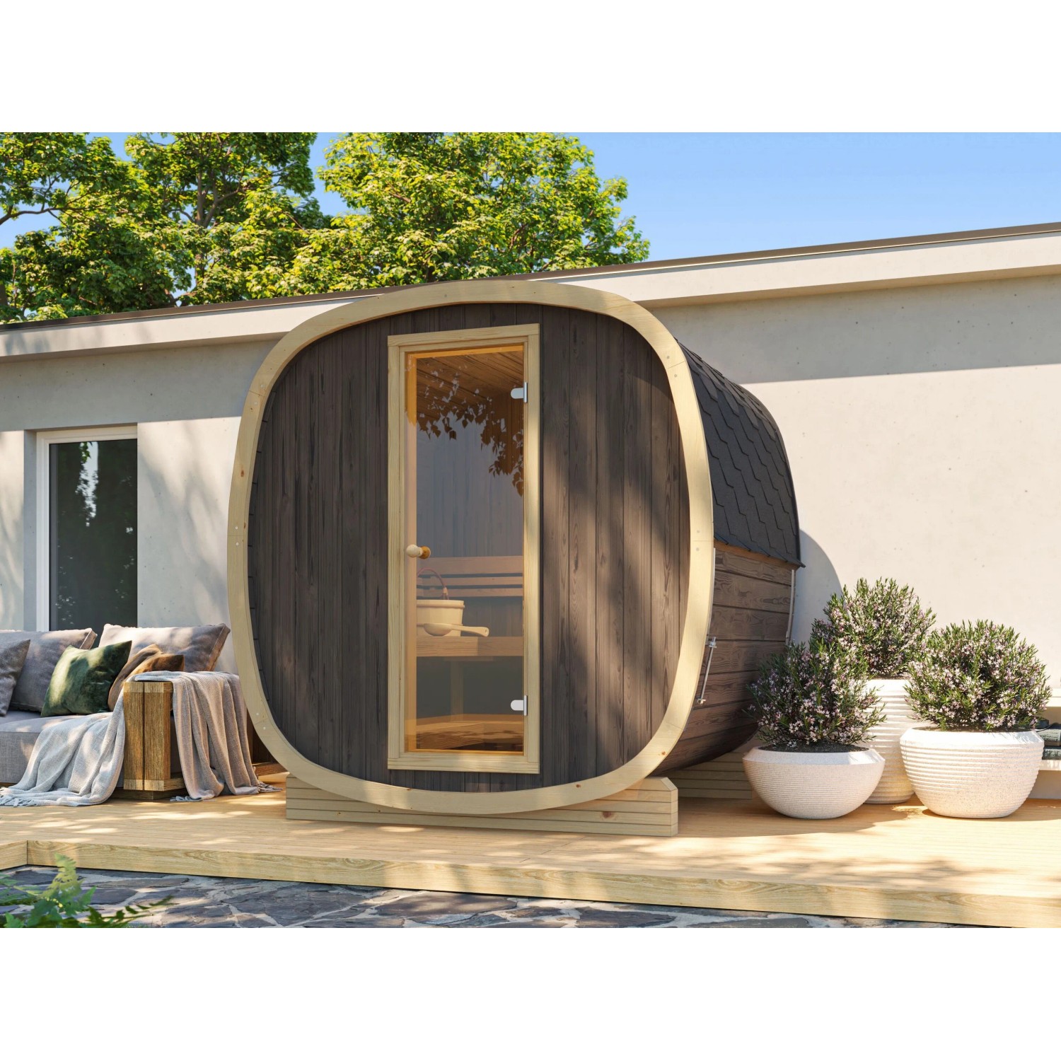 Fjordholz Fass-Sauna Modell Bus 160 Standard Thermoholz