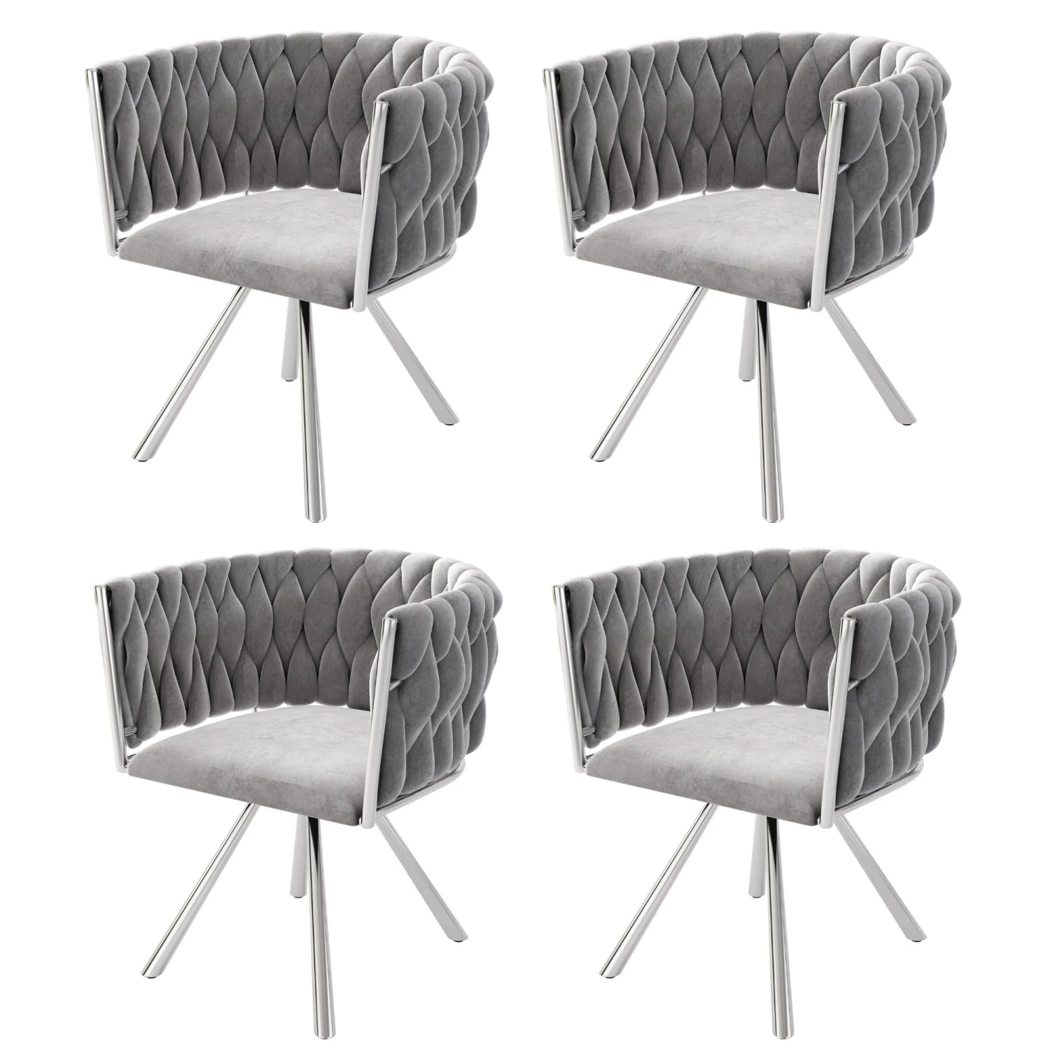 ModernLuxe 4er Set Drehstühle 72 x 54 x 59 cm mit 4 Silbernen Metallfüßen Samt Grau