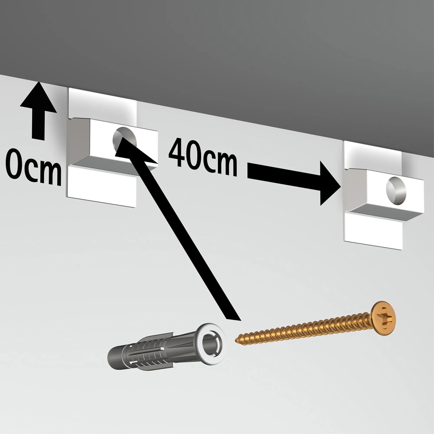 Artiteq Befestigungsset für Click Rail Bilderschiene, Montage an der Decke mit Schraube und Dübel.