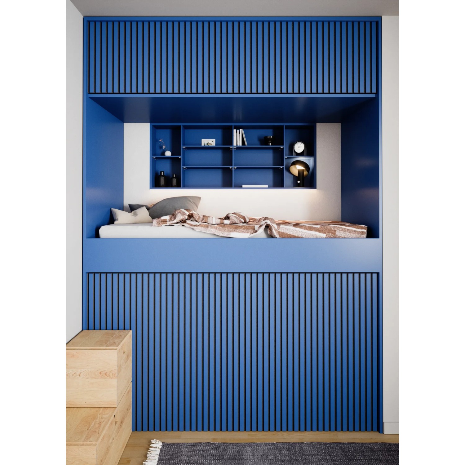 Blaues Zimmer mit Akustikpaneelen Linoleum Midnight Blue und schwarzem Filz an Wand und Decke.